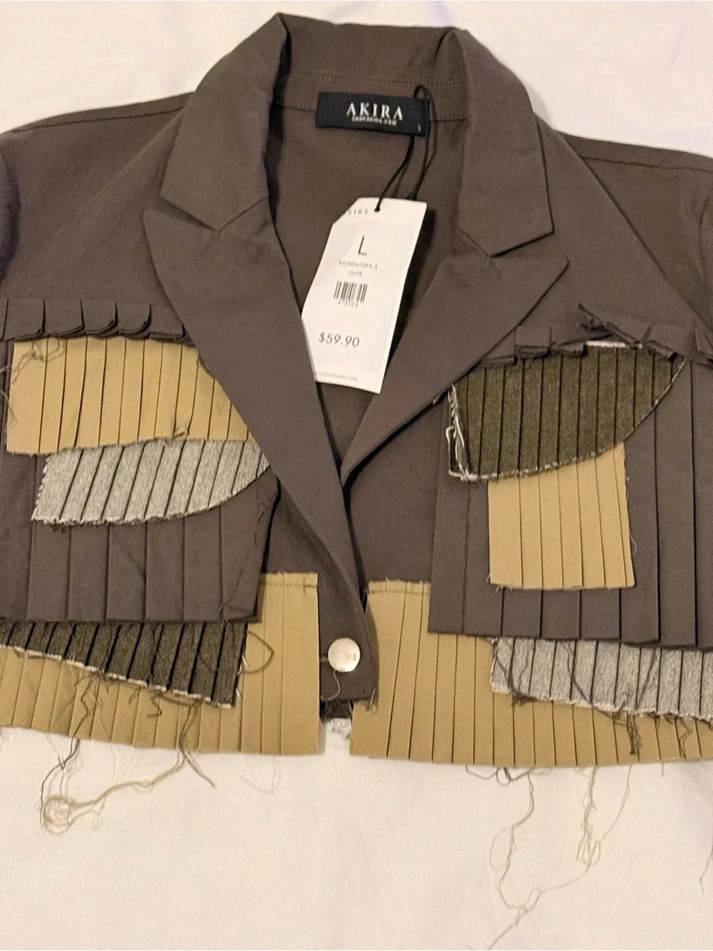 AKIRA Let Me Down Slowly Olive & Khaki Cropped Fringe Pleated Blazer - Picture 3 of 9